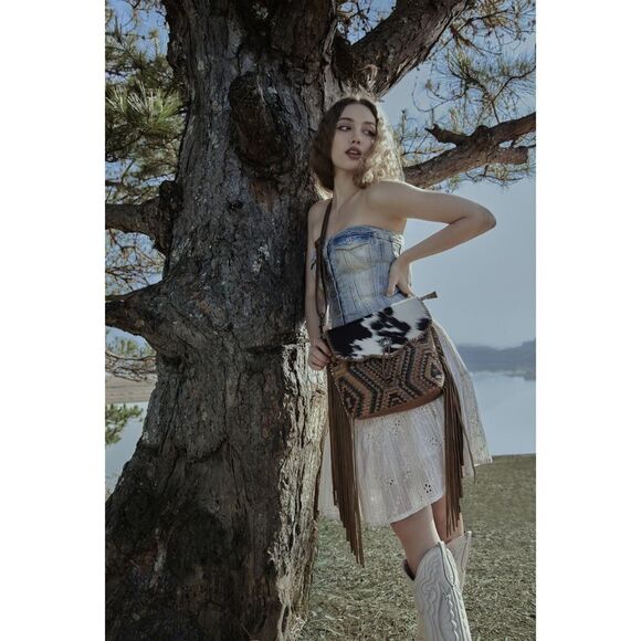Myra Bag Handmade Stone Shoulder Bag Upcycled Canvas & Cowhide Leather - Picture 15 of 15